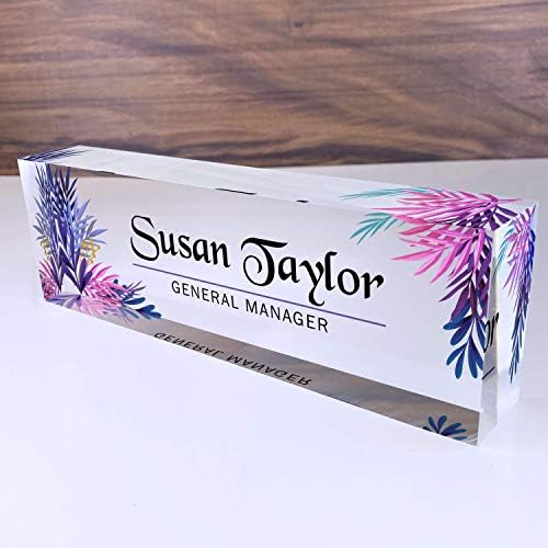 Artblox Office Desk Name Plate Personalized | Custom Name Plates for Desks | Leaf Purple Design On Clear Acrylic Glass | Office Desk Decor - (8" x 2.5") by Artblox