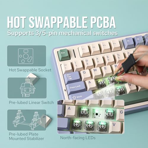 EPOMAKER x Aula F75 Gasket Mechanical Keyboard, 75% Wireless Hot Swappable Gaming Keyboard with Five-Layer Padding&Knob, BT/2.4GHz/USB-C, RGB (Green, LEOBOG Reaper Switch) - Image 4
