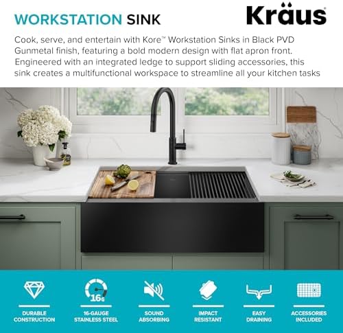 KRAUS Kore Workstation 33-inch Farmhouse Modern Flat Apron Front 16 Gauge Black Stainless Steel Single Bowl Kitchen Sink in PVD Gunmetal Finish with Accessories, KWF410-33/PGM - Image 4