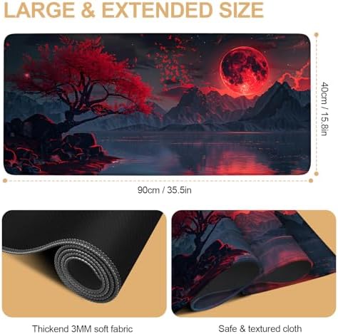 Large Mouse Pad, Red Moon Landscape Desk Mat, Extended Gaming Mouse Pad with Non-Slip Rubber Base, Thick 3mm Smooth Surface Keyboard Mat for Office & Home,35.5 x 15.8 in - Image 2