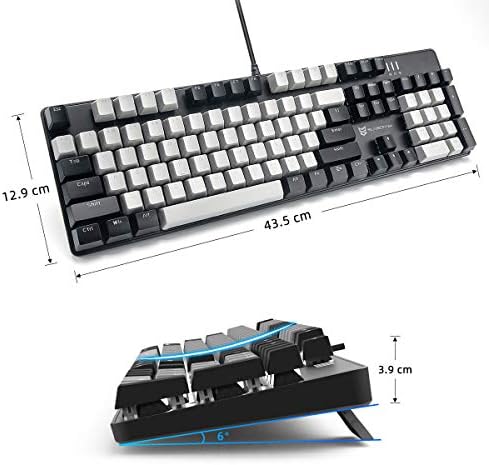 Merdia 104 Keys Wired Mechanical Gaming Keyboard | White LED Backlit US Layout | Hot Swappable Blue Switch Full Size Mechanical Keyboard | Black & Grey Keycaps Light Up PC Gaming Computer Keyboards - Image 4