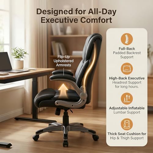 COLAMY Ergonomic Executive Office Chair, High Back Desk Chair with Adjustable Lumbar Support, Flip-Up Armrests & Thick Seat Cushion, 90°–110° Reclining Computer Chair for Home Office,Set of 2 - Image 7