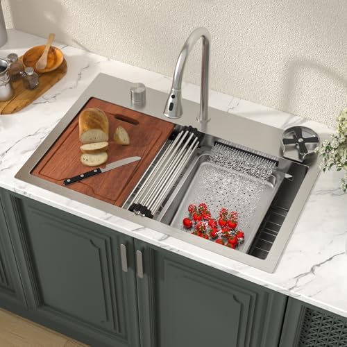 Lordear 31 Drop Kitchen Sink with Faucet Combo - 31"x20" Waterfall Kitchen Sink Workstation Stainless Steel 16 Gauge Single Bowl Topmount Handmade Sinks with Pull Out Faucet - Image 2