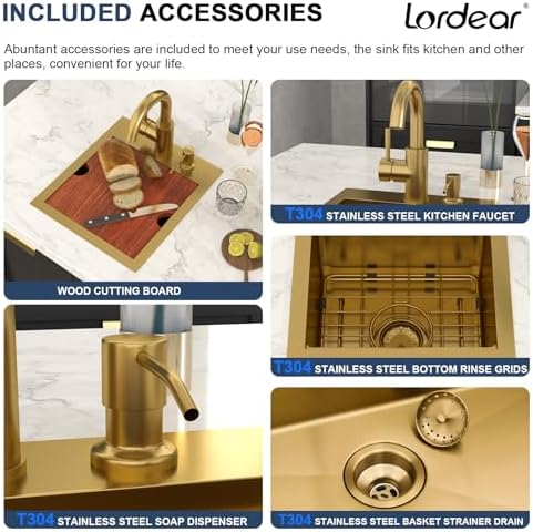 Bar Sink - Lordear 13x15 Gold Drop In Bar Sink with Faucet Soap Dispenser Workstation 16 Gauge T304 Stainless Steel Single Bowl Top Mount Wet Bar RV Prep Outdoor Kitchen Sink 13x15x9 Inch - Image 5