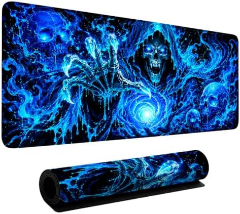 Blue Neon Skull Extended Gaming Mouse Pad 35.4"x15.7" Large Extended Pad Desk Mat Anti-Slip Rubber Base & Durable Stitched Edges for Gamers Smooth Mouse Pad Writing Surface for Desk Office/Home by LEIWEIHOPE