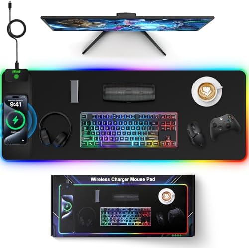 Magnetic Charging Mouse Pad, 31.5x11.81 Inch XL Gaming Mousepad, 11+5 RGB Lighting Modes, Home Office Large Desk Pad with Ultra-Smooth Surface, Non-Slip, Waterproof Keyboard Pad Classic Black Desk Mat by miroddi