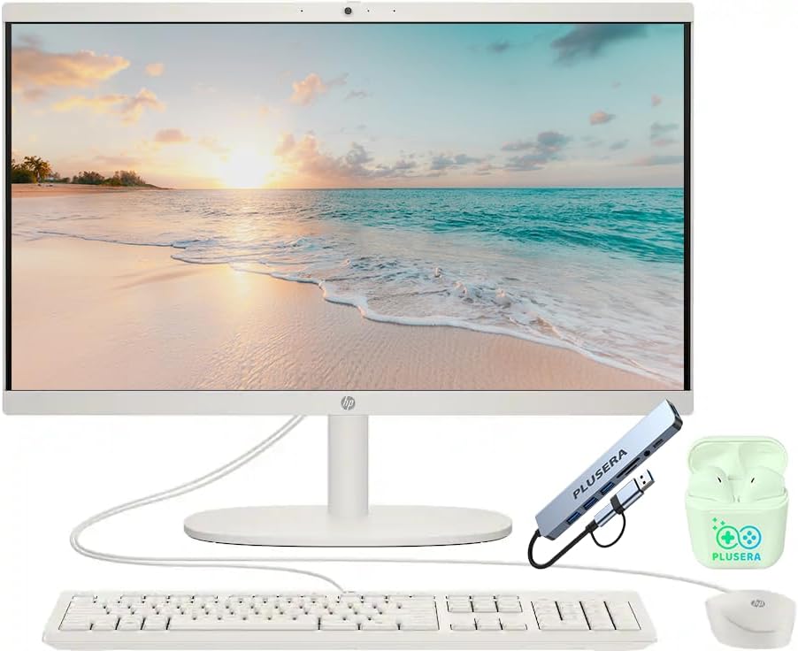 HP 21.5" FHD All-in-One Desktop Computer, Quad-Cores Intel N100, Windows 11 & 8-in-1 Docking Hub, Keyboard & Mouse Included, White (White, 8GB RAM | 384GB Storage) by Unknown