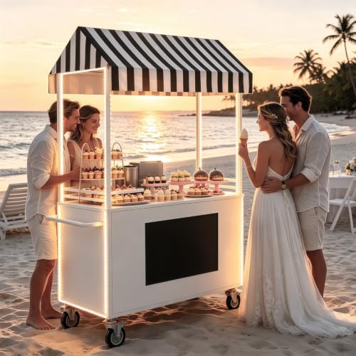 Mobile Food Cart with LED Lights & Canopy, Portable Vendor Display Stand with Lockable Wheels, Commercial Food Kiosk for Markets, Street Vending, Flea Markets, Weddings, Hotels & Snack Events by Unknown
