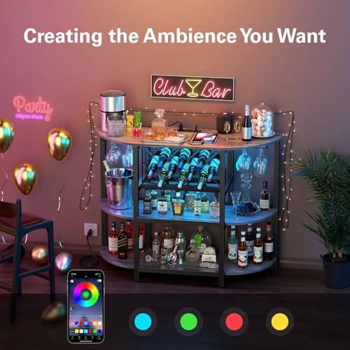 Zarler Bar Cart with Power Outlet Easy to Assemble, LED Home Bar Cabinet for Liquor, 47.3" L x 15.8" D x 36" H Metal Mini Bar Table with 4-Tier Storage, Brown - Image 4