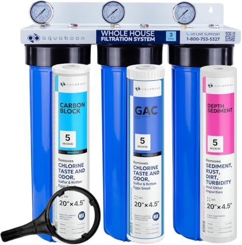 Aquaboon 3-Stage Whole House Water Filter System with 5 Micron 20x4.5 House Water Purification Reducing Sediment and Odors, Carbon Chlorine Reduction Filter (CTO), Pressure Gauge, Wrench, Bracket by Aquaboon