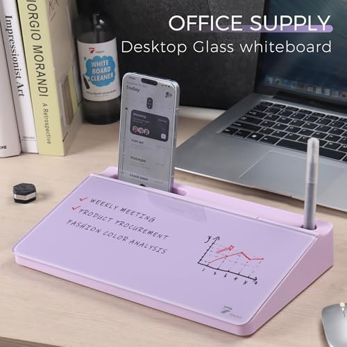 TOWON Compact Glass Desktop Whiteboard with Storage 12x7 in, Lavender - Image 2
