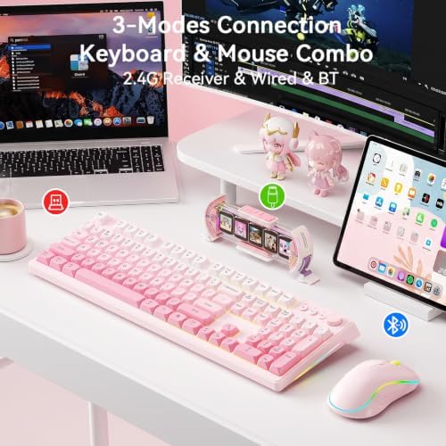 Wireless Keyboard and Mouse Combo, RGB Backlit Rechargeable 2000 mAh Battery, Tri-Mode Bluetooth/2.4GHz/USB-C Custom Creamy Keyboard, RGB Backlit Media Knob (Pink Gradient) - Image 2