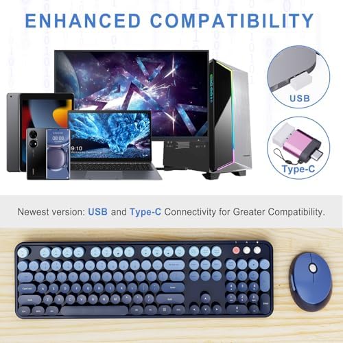 Wireless Keyboard and Mouse Combo, Ergonomic Full Size Typewriter Retro Round Keycaps Keyboard, Compatible with Windows, PC, Perfer for Home and Office Keyboards (Twilight Blue - Image 2