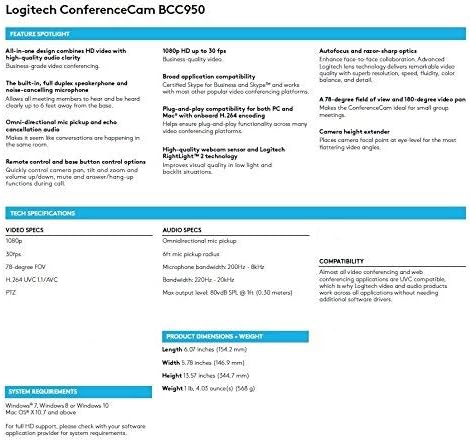Logitech Conference Cam BCC950 Video Conference Webcam, HD 1080p Camera with Built-In Speakerphone (Renewed) - Image 5