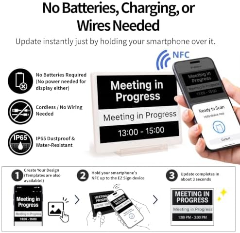 [Santek] EZ Sign NFC E-Paper Display – Battery-Free, 0.13" Ultra-Thin Rewritable 2-Color Display, Unique ID & Name Tag, No Pairing, PC/Android/iOS Compatible IP65 (White, 4.2" 6pcs, No Stand/Clip) - Image 2