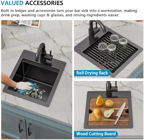 13"x15" Black Bar Prep Sink Drop In Workstation with Faucet Combo - Image 6