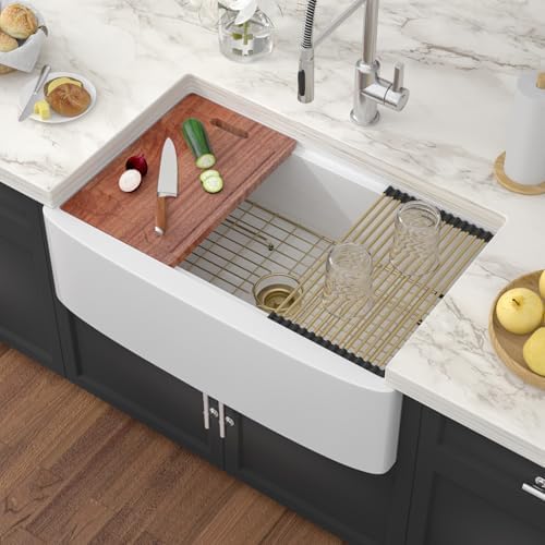 33 Inch White Farmhouse Sink Workstation - Couoko White Curved Apron Front Fireclay Farmhouse Sink Large Deep Ceramic Single Bowl Farm Kitchen Sinks with Luxury Gold Accessories, 33" x 21" x10" - Image 2