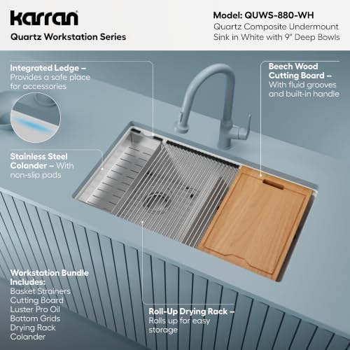 Karran 32.5" White Quartz Composite Undermount Double Bowl Workstation Kitchen Sink, 50/50 Chef Prep Station with Cutting Board, Roll-Up Mat, Colander, Bottom Grids and Accessories – QUWS-880 - Image 4