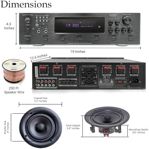 Technical Pro Home Theater Sound System Kit - 6 Channel 6000 Watts Bluetooth Amplifier, 8 Qty of 8” Frameless Ceiling Speakers 300 W Each, 500 ft Speaker Wire & Remote Ideal for Home, Office - Image 2