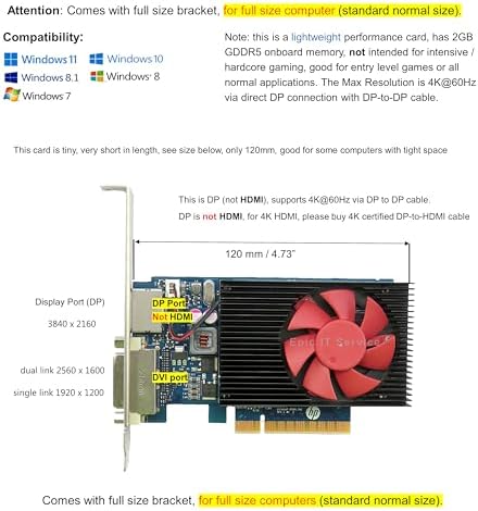 Geforce GT 730 2GB GDDR3 PCI-E x 8 with DP/DVI (Bracket fits Full Computer only), Compatible HP 802315-001, Supports Windows 11, 10 etc - Image 2