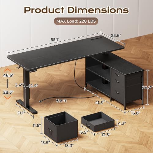 PRAISUN 55.1'' L Standing Desk with Outlets, Cabinet with Shelves, Drawers - Image 3