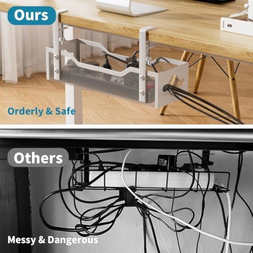 Under Desk Cable Management Tray White, Litwaro Cable Management Under Desk No Drill, Cable Organizer with Clamp for Wire Management, Cord Organizer for Office, Home No Damage to Desk - Image 4
