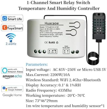 1CH Tuya Intelligent Temperature and Humidity Sensor,AC 85-250V/USB 5V Dry Contact Relay,Dry Contact,Timing Switch,Real-Time Monitoring Intelligent Module,Compatible with Alexa Google - Image 2
