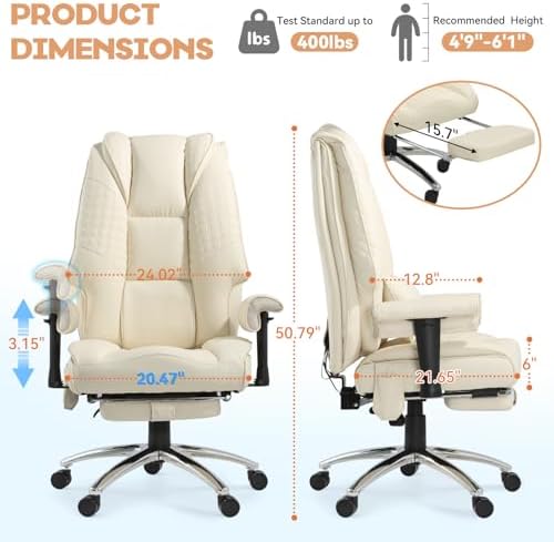 Vibration Massage Heated Office Desk Chair with Foot Rest, Beige - Image 3