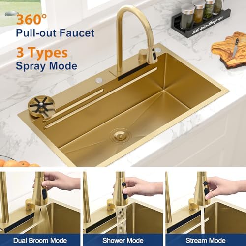 Sarlai 33 Inch Waterfall Kitchen Sink - 33x19 Gold Waterfall Drop In Sink Workstation Stainless Steel 16 Gauge Sink Multifunction Single Bowl Smart Top Mount Kitchen Sinks with Faucet Combo - Image 5