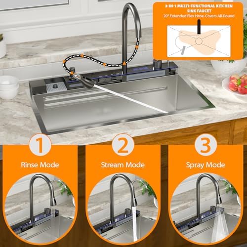 Mocoloo 33 Inch Honeycomb Waterfall Kitchen Sink Drop in, 33x19 Inch Stainless Steel Workstation Sink 16 Gauge Topmount Single Bowl Sink with Complete Kit - Image 4