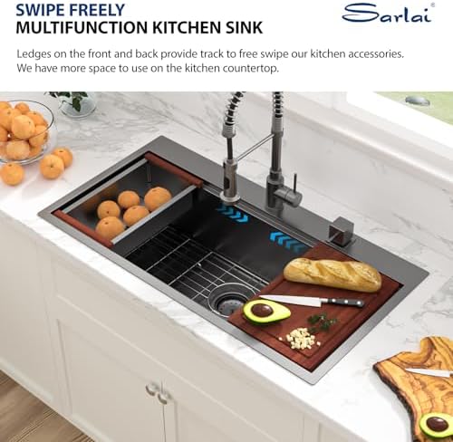 Sarlai 36 Inch Black Drop In Kitchen Sink Workstation 36x19 Drop In Kitchen Sink Black Stainless Steel Topmount Workstation Sink 16 Gauge Deep Single Bowl Top-mount Kitchen Sink - Image 6