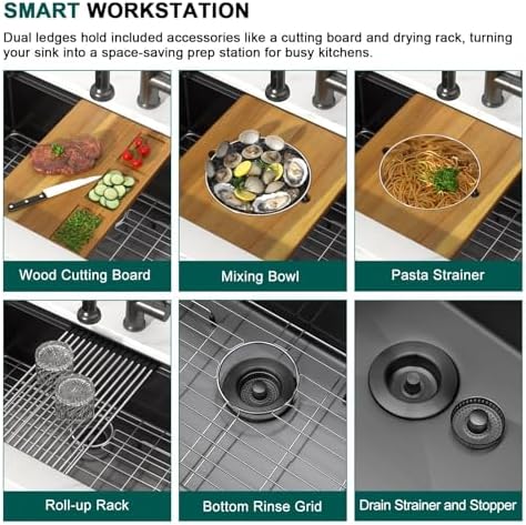 Black Undermount Kitchen Sink, 36x19 Workstation 16 Gauge T-304 Stainless Steel Single Bowl Under Counter Sink for Kitchen with Cutting Board, Mixing Bowl & Pasta Strainer #TLU-0042 - Image 7
