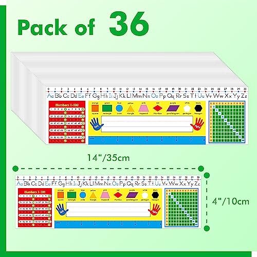 36 PCS Desk Nameplates, Double Sided PET Film Desk Name Tags with Alphabet, Numbers, Multiplication Chart, Shapes, Colors and Ruler Erasable & Reusable Traditional Manuscript Name Plate (14” x 4”) - Image 2