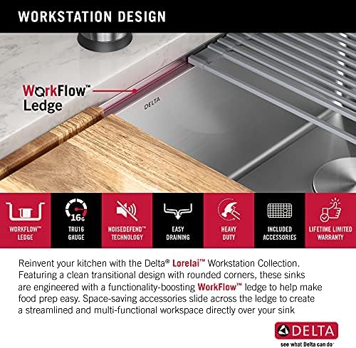 DELTA FAUCET 95B932-32S-SS Lorelai Workstation Kitchen Sink Undermount Stainless Steel Single Bowl with WorkFlow Ledge and Chef’s Kit of 6 Accessories - Image 5