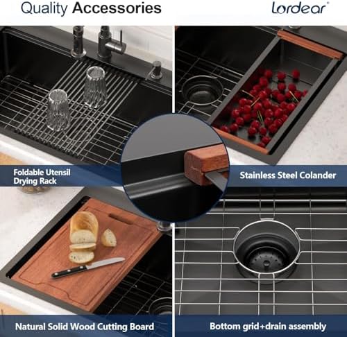 Lordear 33x22 Inch Drop In Black Kitchen Sink Workstation - Image 4