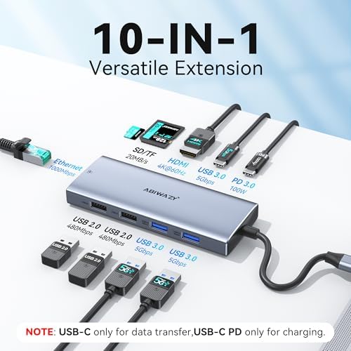 USB C Hub Multiport Adapter, ABIWAZY 10-in-1 USB C Hub for MacBook Pro/Air - Image 2