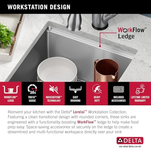 DELTA FAUCET Lorelai 17-inch Workstation Bar Prep Kitchen Sink Undermount 16 Gauge Stainless Steel Single Bowl with WorkFlow Ledge and Kit of 5 Accessories, 95B9032-17S-SS - Image 6