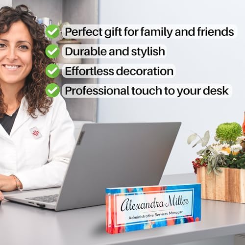 Customized Clear Acrylic Thick 8x3" Desk Name Plate Block with Personalized Logo - Professional Office Decor - Customized Acrylic Plate Gift for Teacher Co-workers (Orange-Blue Dream) - Image 4