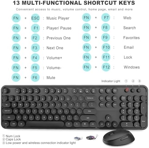 Wireless Keyboard and Mouse Combo, Ergonomic Full Size Typewriter Retro Round Keycaps Keyboard, Compatible with Windows, PC, Perfer for Home and Office Keyboards (Black - Image 4