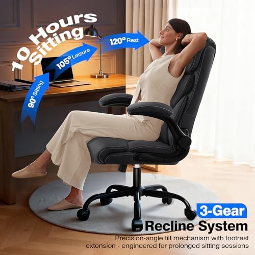 AreShark Executive Office Chair - 400lbs Heavy Duty Ergonomic Desk Chair with Comfy Cushion, High Back Breathable Leather Computer Chair with Flip-up Arms & Rocking Function for Home Office - Image 5
