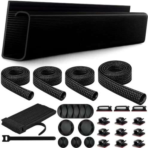 Cable Management Kit with Under Desk Raceway & 4 Long Cable Sleeves, Desk Cord Organizer with Cable Clips, Reusable Cable Ties & Cord Holders, Black by Unknown
