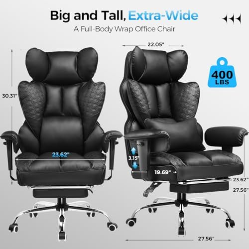 COMHOMA Big and Tall Office Chair Heavy Duty Wide Ergonomic Gaming Chair with Deluxe Embossing Leather with Foot Rest 145°Reclining Adjustable Armrests Pocket Spring Back Support and Without Pillow - Image 2