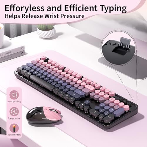 Wireless Keyboard and Mouse, MOFII 104 Round Keycaps Retro Typewriter with OTG & Brush, Full-Size Ergonomic, Ideal for Windows PC, Home, Office and College Peach Pink - Image 6