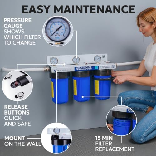 Aquaboon 3-Stage Whole House Water Filtration System with 5 Micron 10x4.5 Reducing Sediment, KDF Heavy Metals and Carbon Chlorine Reduction Water Filter Purification Cartrige, Pressure Gauges, Wrench - Image 4