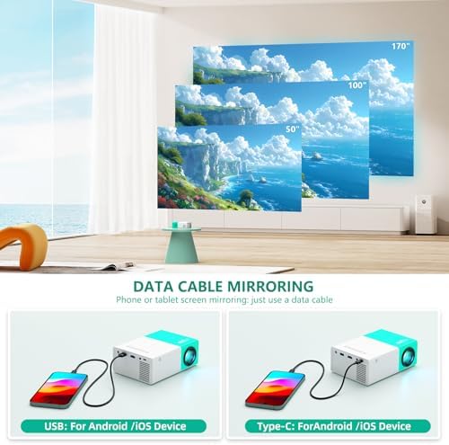 Projector WiFi Portable Movie Projector, Phone or Tablet Can be Mirrored to the Video Projectors Via WiFi or Data Cable, Compatible with Smartphone/ Tablet/ Laptop/TV Stick/ PS/ USB - Image 7