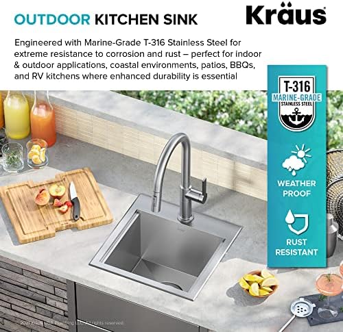 Kraus KWT321-15-316 Kore Outdoor Workstation Drop-In 16 Gauge Marine Grade T-316 Stainless Steel Square Single Bowl Kitchen Bar Sink with Accessories, 15 x 15 Inch - Image 4