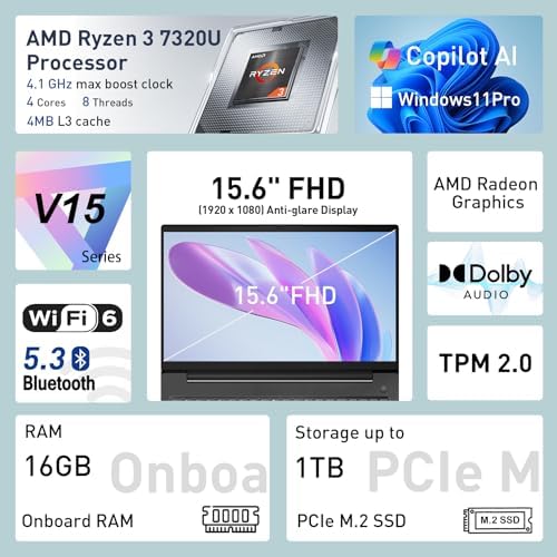 Lenovo V15 Gen 4 Business Laptop 15.6” FHD Anti-Glare, 16GB LPDDR5 RAM, 1TB Storage, AMD Ryzen 3 7320U 4-core CPU, W11 Pro, Ethernet RJ-45, Webcam w/Shutter, Security Chip Firmware TPM 2.0, Black - Image 2