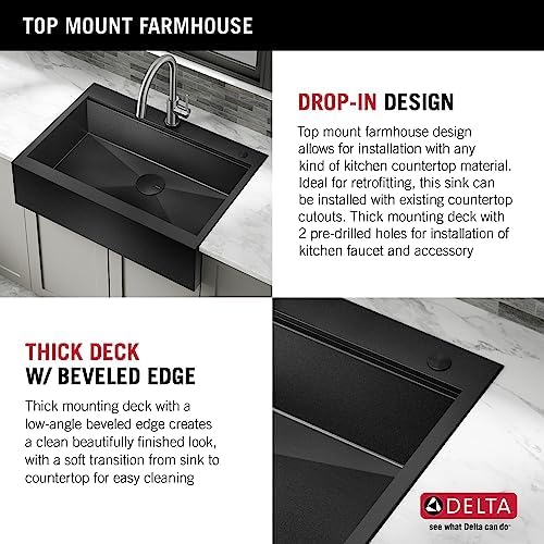 DELTA FAUCET Rivet 30 Inch Black Stainless Steel Retrofit Farmhouse Apron Front 16 Gauge Workstation Kitchen Sink/PVD Gunmetal Finish w/ Accessories for Top Mount Drop-In Installation,95D9031-T30S-GS - Image 7