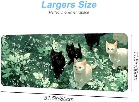 Cute Cat Mouse Pad Large Gaming Desk Mat - Kawaii Black and White Cats in Green Forest, Extended XL Mousepad with Non-Slip Rubber Base for Office, Home, PC, Laptop - Image 2
