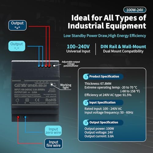 Ultra Slim Step-Shape 4SU DIN Rail Power Supply, 24V 3.83A 92W GPHDR-100-24 for Industrial Automation, Communication Base Stations, Data Centers and Medical Equipment - Image 2